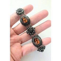 Antique PERUZZI Florence 800 Silver Ornate Rosette Faceted Citrine Link Bracelet