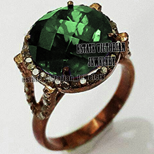 Victorian 1.91ctw Rose Cut Diamond Emerald Studded Silver Gorgeous Ring Jewelry