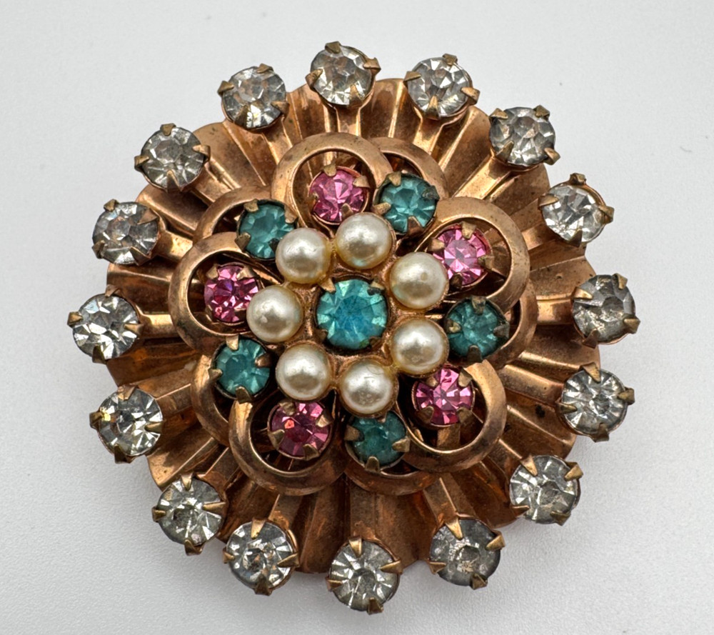 Vintage Rhinestone Brooch Gold Tone Pink Blue Pearl Sunburst Flower Pin 1950s