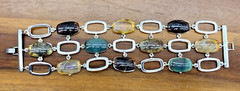 Monet Multi Colored Cabochon Necklace with Wide Chunky Bracelet Silver Tone Set