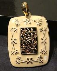 HAND ENAMELED FLORAL GOLD Off White FRAMED FORGET ME NOT CARTOUCHE PENDANT (403)