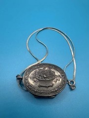 Antique 800 Silver Repousse Floral Basket Pill Box Pendant 925 16” Chain