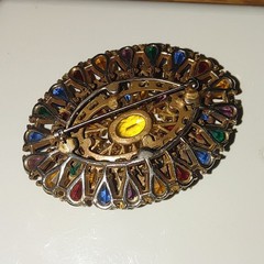 Oval Glow Rhinestone Brooch Pin Fruit Salad Pear Teardrop Stone Open Work Brass