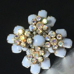 Vtg Maltese Cross Blue Milk Glass Brooch Pin AB Crystal Floral Accents 2.4″