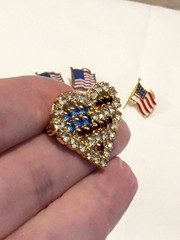 Vintage Patriotic Flag Heart USA Brooch Lot Of 4 Rhinestones Enameled 1980s