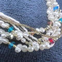 Vtg 7 Strand Necklace Faux Baroque and Seed Pearls Acrylic Gold Tone Accents 25″
