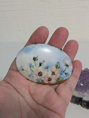 Large Antique Hand Painted Porcelain Blue Floral Cameo Brooch B195