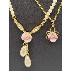 1928 Brand Pink Rose Pendant Necklace Faux Pearls Vintage Set Pierced Earrings