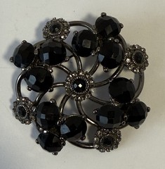 Vtg Jet Black Faceted Glass Rhinestone Flower Swirl Gunmetal Brooch Pin Art Deco