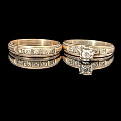 Vintage Ring Set Diamonds 10k Yellow Gold Engagement Ring Wedding Band Retro