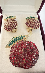 Rare Vintage LA ROCO Gold Tone Red Green Rhinestone Cherry Brooch & Earring Set