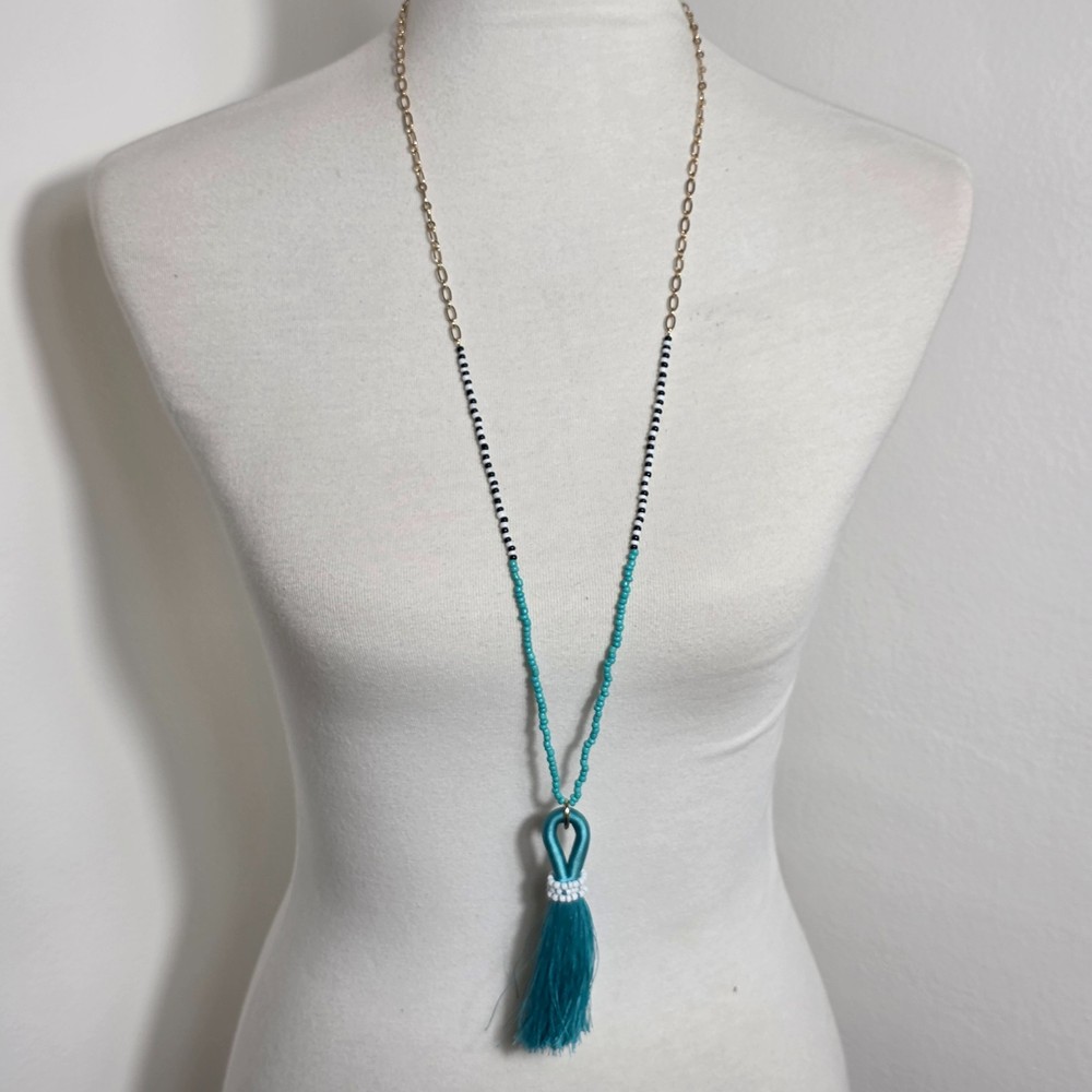 Sugarfix by BaubleBar Beaded Tassel Bohoemian-Style Necklace Teal-Colored