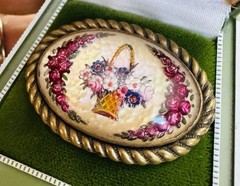 Antique Goofus Glass Reverse Painted Flower Basket Pin Brooch Vintage