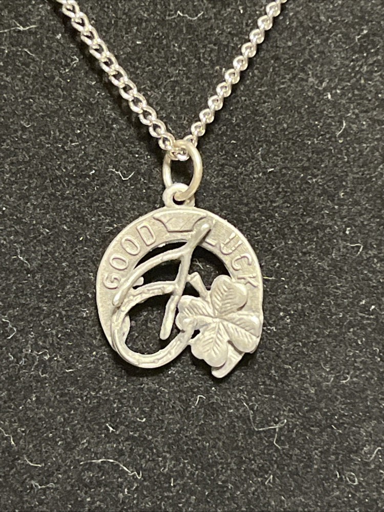 Vintage Pewter Good Luck Charm On Silver Tone Chain 18”