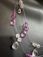Triple Wire Bead Necklace Pink Purple Faceted Rhinestone Teardrop Dangles Retro