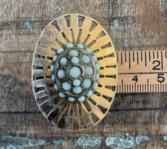 Vintage Brass Oval Brooch Cluster Setting Light Blue Glass Stones 2 Inch