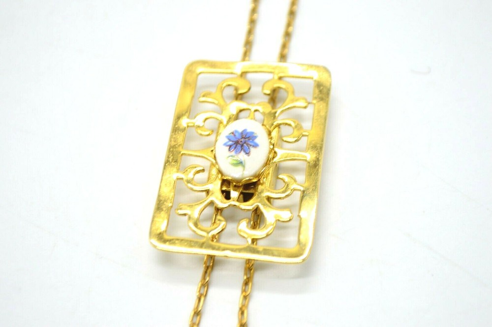 Painted Blue Porcelain Flower Open Work Gold Tone Slide Lariat Necklace Vintage