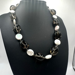 Vintage Chunky Smoky Quartz & Coin Pearl Necklace Sterling Silver Donna Dressler
