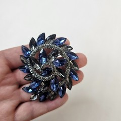 Silver Metal Colored Swirl Brooch Blue Gray Navette Rhinestone Unmarked Pendant