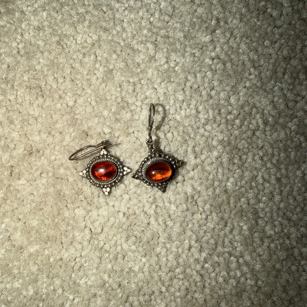 Ornate Vintage Natural Amber Sterling Silver Oval Bali Hook Earrings 10 mm