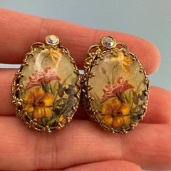 Vintage West Germany Clip On Earrings Gold Tone Filigree Floral Decal Rhinestone