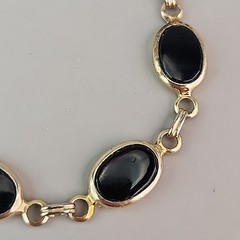 Vintage Glass Bracelet Black Oval Gold Tone Linked Safety Chain 7″