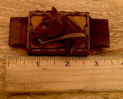 Vintage 1930’s Horse Western Equestrian Brooch Pin Hand Carved Wood Leather EUC
