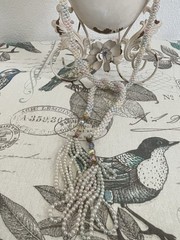 Vintage Long Pastel Art Deco Beaded Lariat Necklace Iridescent Blue Pink Flapper