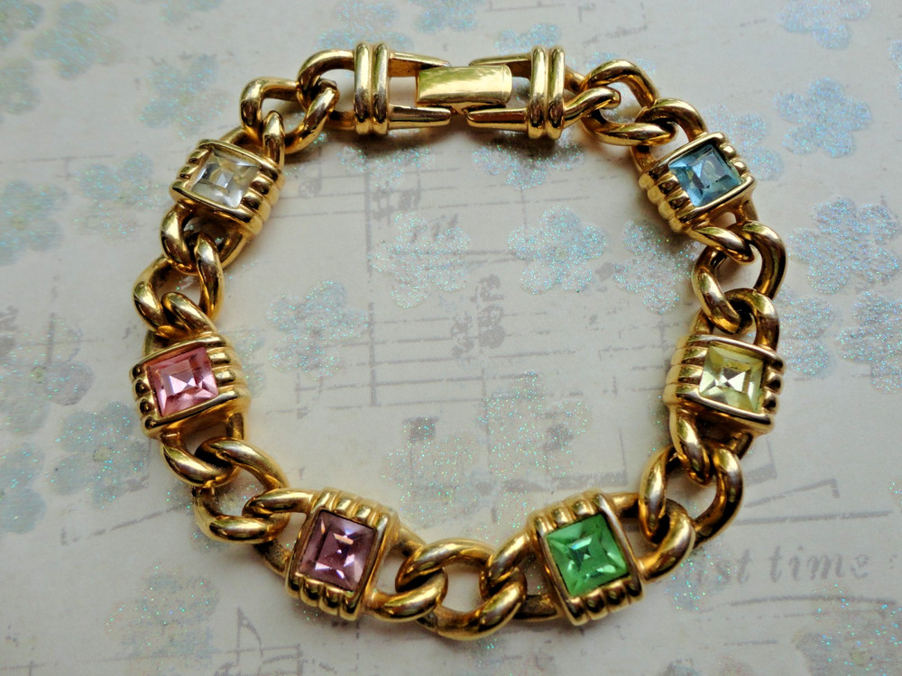 RARE VTG SIGNED S.A.L SWAROVSKI GOLDTONE MULTI COLOR CRYSTAL LINK CHAIN BRACELET