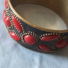 Vintage Brass & Red Enamel Dot Bangle Bracelet Ethnic Studded Boho Tribal 8”