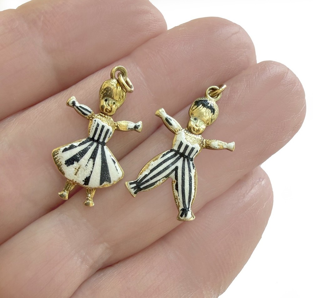 Rare Antique 14K Gold Enamel Nénette & Rintintin Lucky Charm Pair France