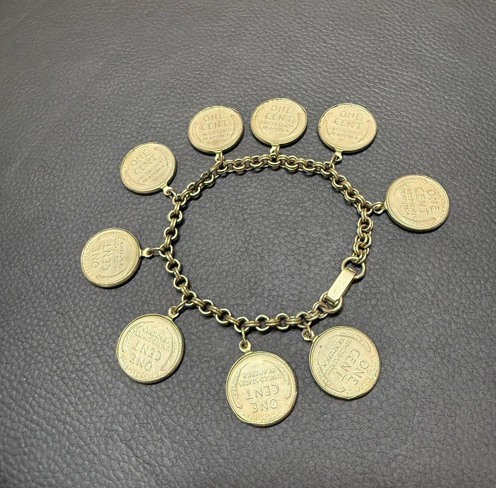 Vintage Lincoln Wheat Penny Charm Bracelet – 1958 Goldtone Curb Chain