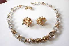 Vintage Signed Vendome Crystal Necklace & Earrings Set Clear & Gold Beads AB