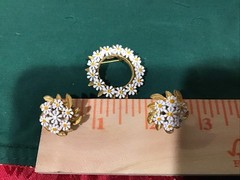 Gorgeous~Vintage Daisy Brooch Pin And Clip On Earrings Set Gold Tone And Resin