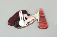 Flat Acrylic Woman-Lady Brooch Sophisticated 2.5” Burgundy-Orange Brown Hair