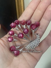 Vintage Fabulous Large Figural Peacock Brooch with Pink Moon-Glow Stones