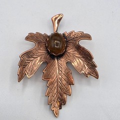 Vintage Renoir Copper Maple Leaf Brooch Brown Stone Cabochon Mid Century Pin