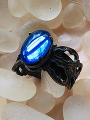 Vtg KIM CRAFTSMAN RING Bright Blue Cabochon Brass Signed Adjustable COCKTAIL
