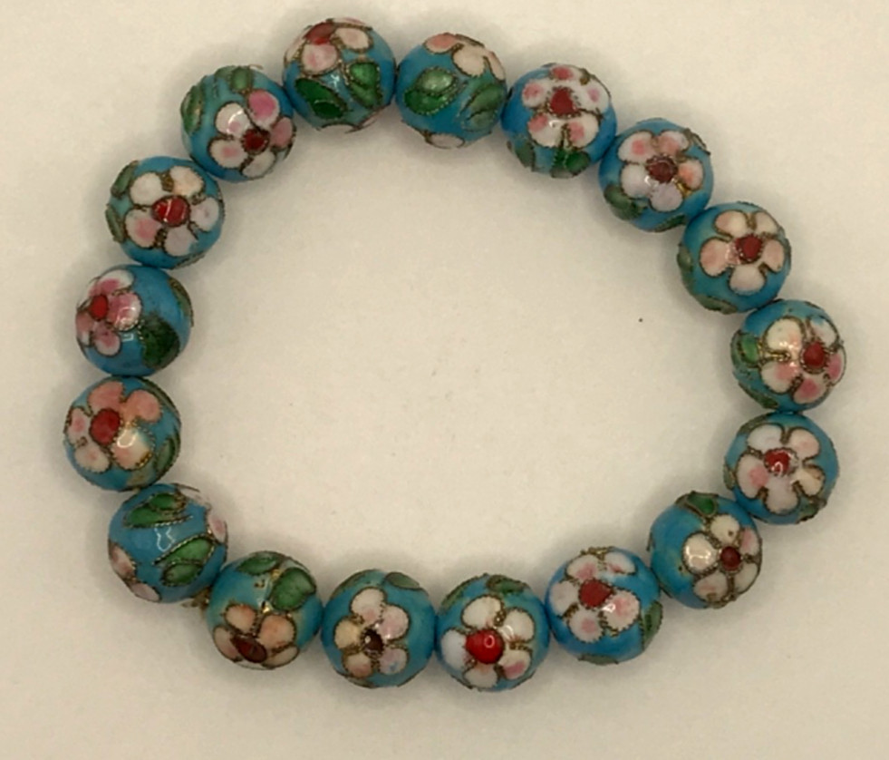 Cloisonne Stretch Bracelet Sky Blue Pink Floral Design Vintage