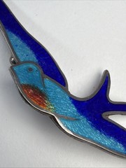 Antique Sterling Silver 925 Blue Enamel Swallow Bird Brooch Pin Art Nouveau 2.4”