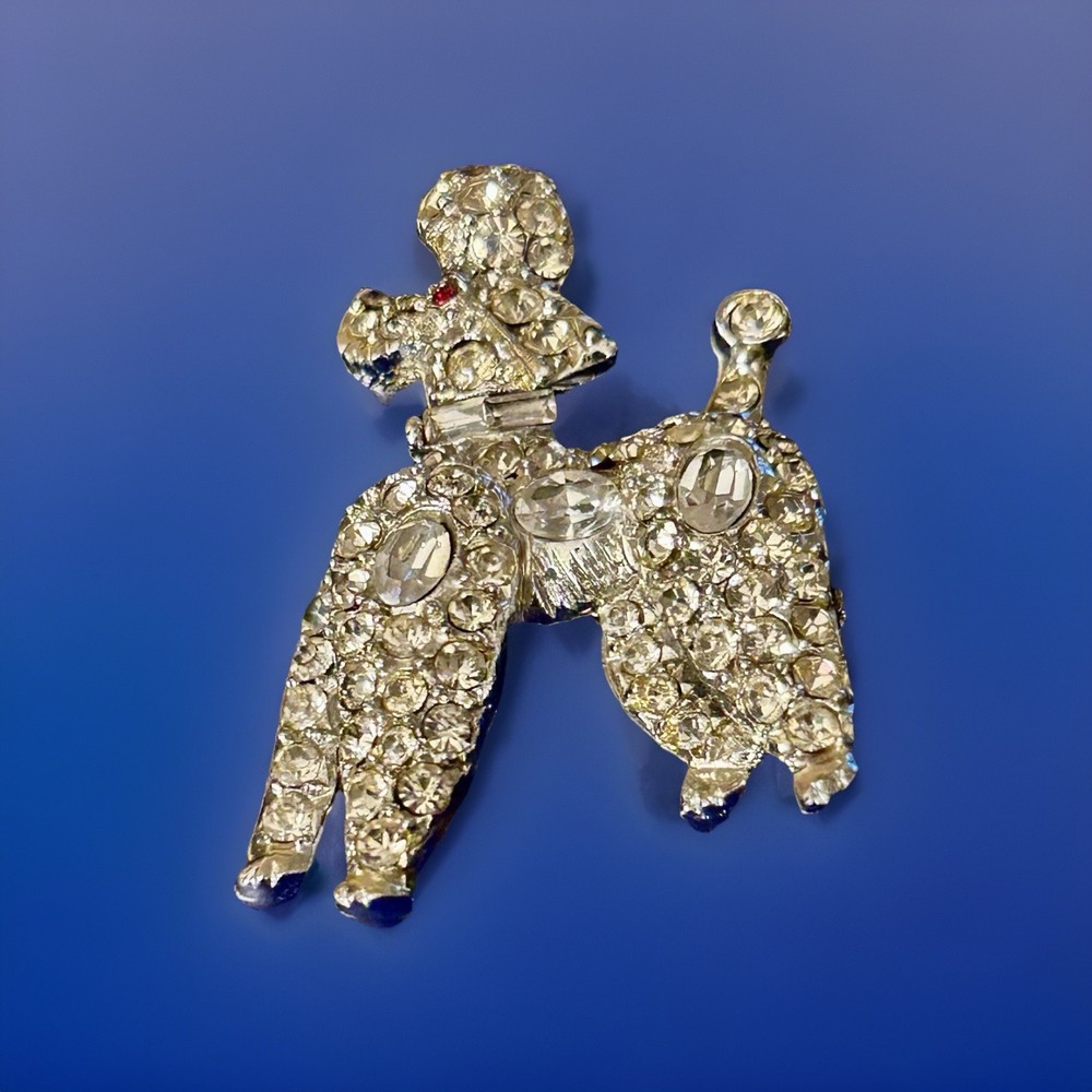 Vintage Rhinestone Dog Brooch Pin French Poodle Signed PELL Silver Tone 1950’s