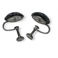 Vintage Jet Black Faceted Button Earrings Screw Back, 0.5″ Resin
