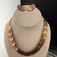 Vintage Copper Necklace Clip On Earrings Set Faux Coin 17”