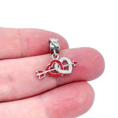 Vintage Sterling Silver 925 Red & Clear Crystal Double Heart Arrow Dangle Charm