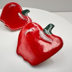Vintage 90s Red Enamel Apple Earrings Green Leaf Flush Ceramics Fruit Jewelry