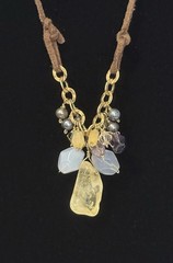 Artisan Pendant Necklace Gemstone Amethyst Quartz Pearl Cluster Leather Cord 16″
