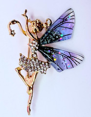 Gold Tone Rhinestones & Fairy With Purple Wings Brooch Contemporary