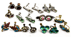 10 Pairs Vintage Fx Turquoise Rhinestone Crystal Screw Back Earrings Lot 925