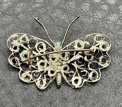 Vintage Sterling Silver Spun Filigree Butterfly Brooch Blue Stone Pin