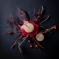 Red Leather Flower Brooch Pin Modernist Statement Atomic Era Vintage